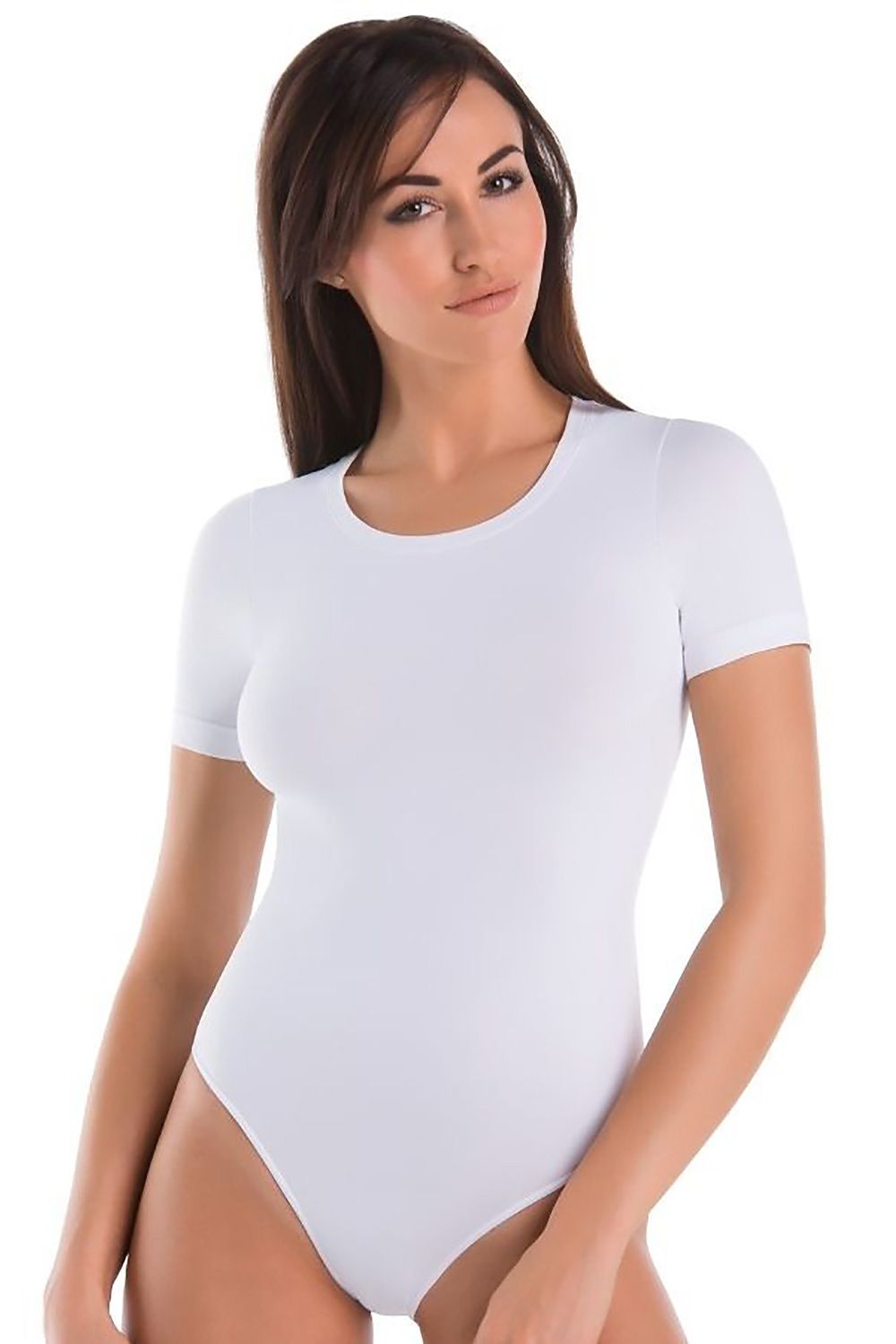 Teyli luxury white shapewear bodysuit for women, featuring a classic design with short sleeves and a round neckline, perfect for creating an elegant outfit.