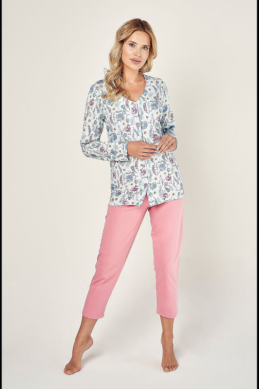 Elegant women's luxury cotton pajamas set by Taro featuring a stylish long sleeve button-down shirt adorned with a floral pattern and smooth pink fisherman pants, ideal for comfortable lounging.