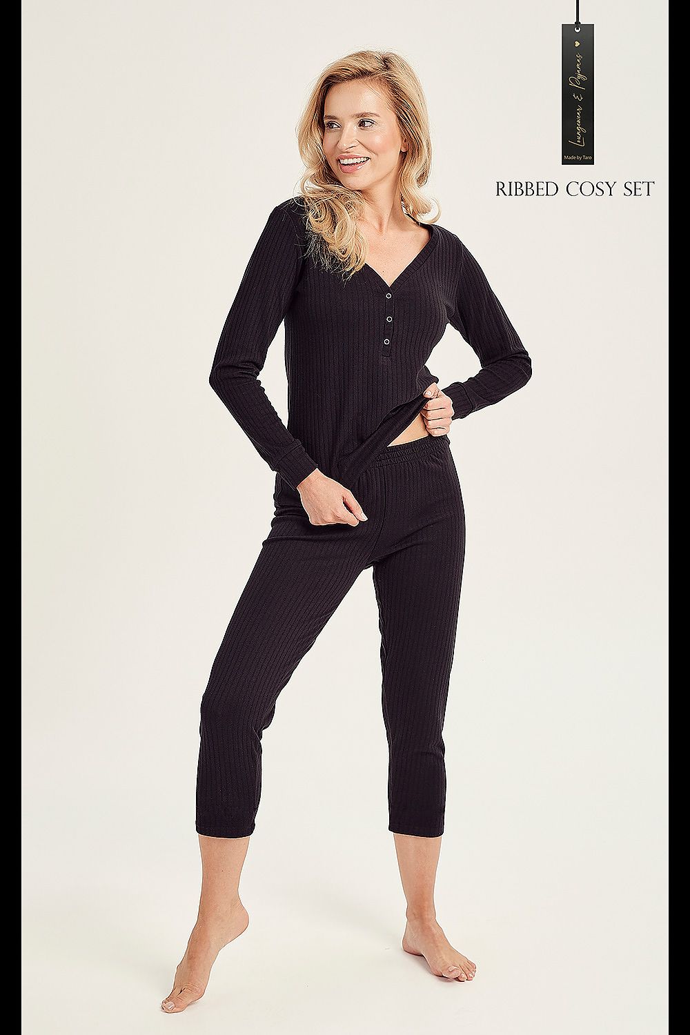 Luxury Cotton women's pyjamas by Taro featuring knitted openwork stripe fabric, long sleeve blouse, and comfortable fisherman type pants.