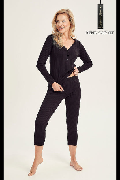 Luxury Cotton women's pyjamas by Taro featuring knitted openwork stripe fabric, long sleeve blouse, and comfortable fisherman type pants.