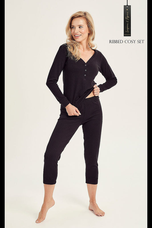 Luxury Cotton women's pyjamas by Taro featuring knitted openwork stripe fabric, long sleeve blouse, and comfortable fisherman type pants.