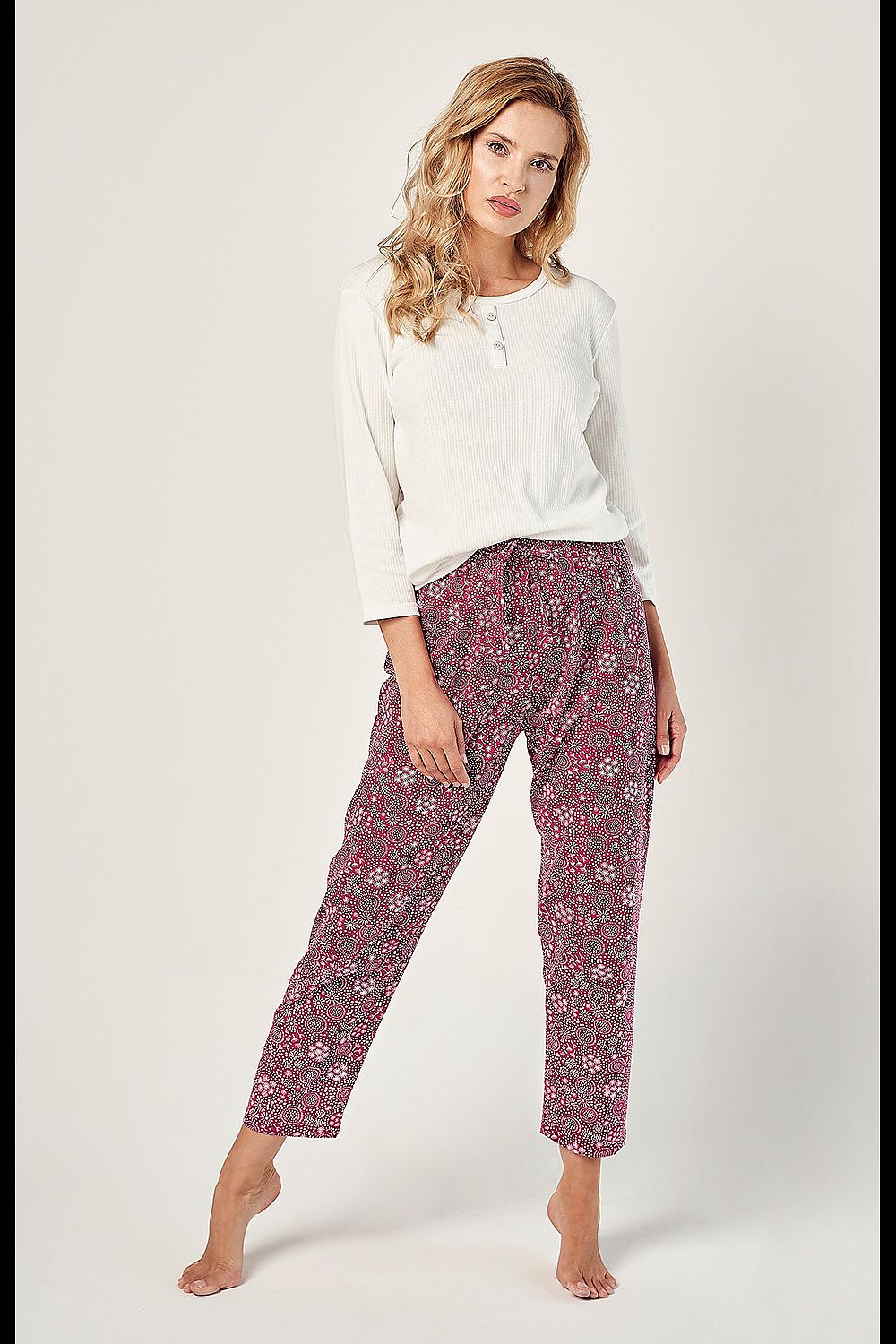 Luxury Women's Cotton Pyjamas Set by Taro featuring a stylish blouse with 3/4 sleeves, complemented by long printed pants, made from high-quality cotton for ultimate comfort.