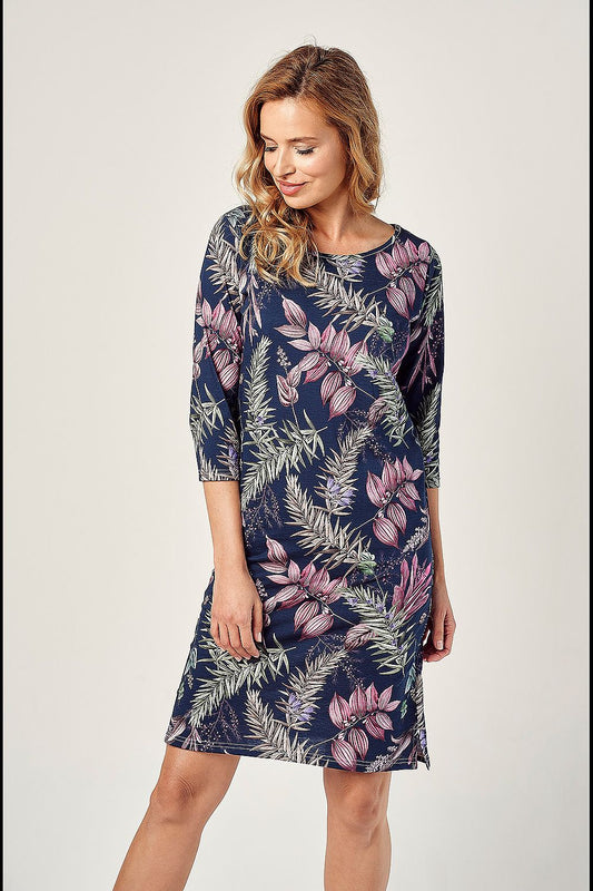 Luxury Women's 3/4 Sleeve Cotton Nightshirt by Taro featuring a stylish half-round neckline, made from high-quality patterned cotton, perfect for a comfortable night's sleep.