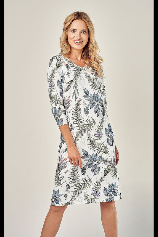Luxurious women's cotton nightshirt by Taro featuring stylish 3/4 sleeves and a half-round neckline, ideal for comfortable nightwear.