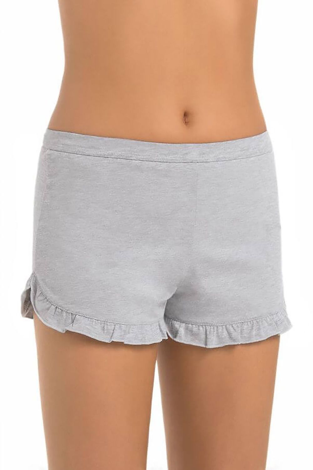 Teyli Women's luxurious grey frill shorts crafted from soft viscose, showcasing a delicate elastic waistband for ultimate comfort and style.