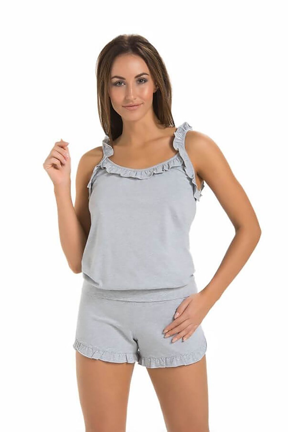 Elegant Teyli women's frill shorts in grey, designed for leisure with a breathable viscose fabric, perfect for lounging at home.