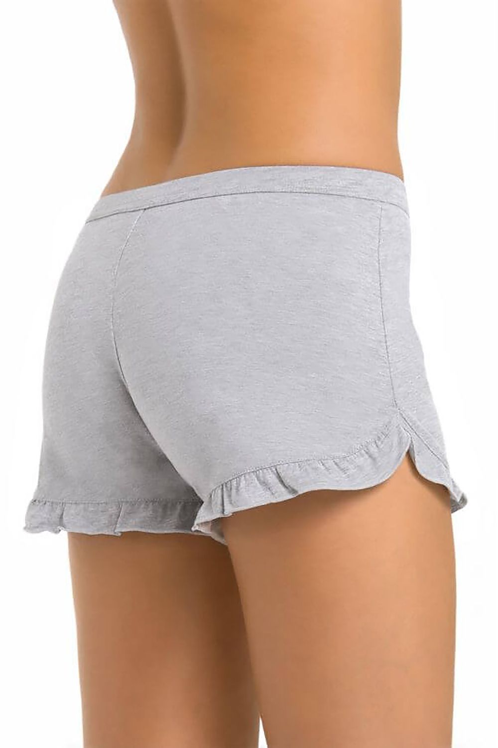 Chic Teyli grey frill shorts, featuring a wide elastic waistband and exquisite frill details, ideal for comfortable daywear.