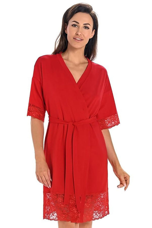 Luxurious Teyli Collection women's red lace-trimmed bathrobe made from high-quality viscose, featuring delicate floral lace detailing.