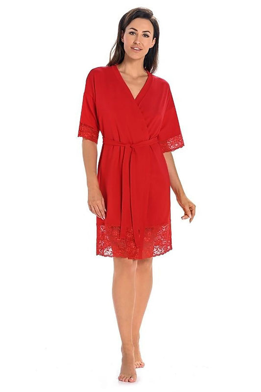 Elegant Teyli women's red bathrobe showcasing a classic knee-length cut with a wide belt, perfect for summer lounging.
