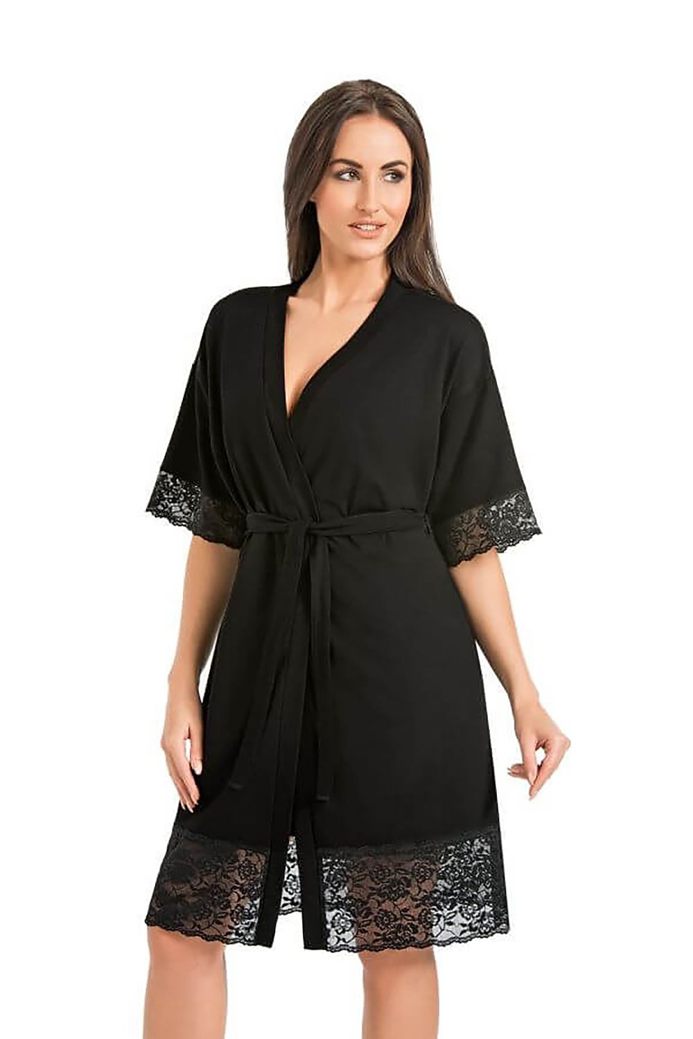 Elegant black women's bathrobe by Teyli, featuring exquisite floral lace detailing, knee-length design, and breathable fabric for ultimate comfort.