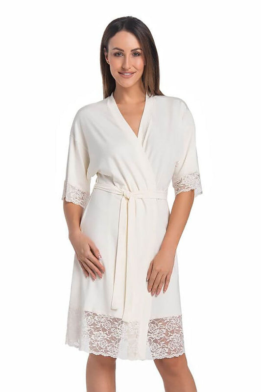 Elegant ecru knee-length women's bathrobe by Teyli, crafted from soft viscose with intricate rose lace detailing, perfect for luxurious lounging.