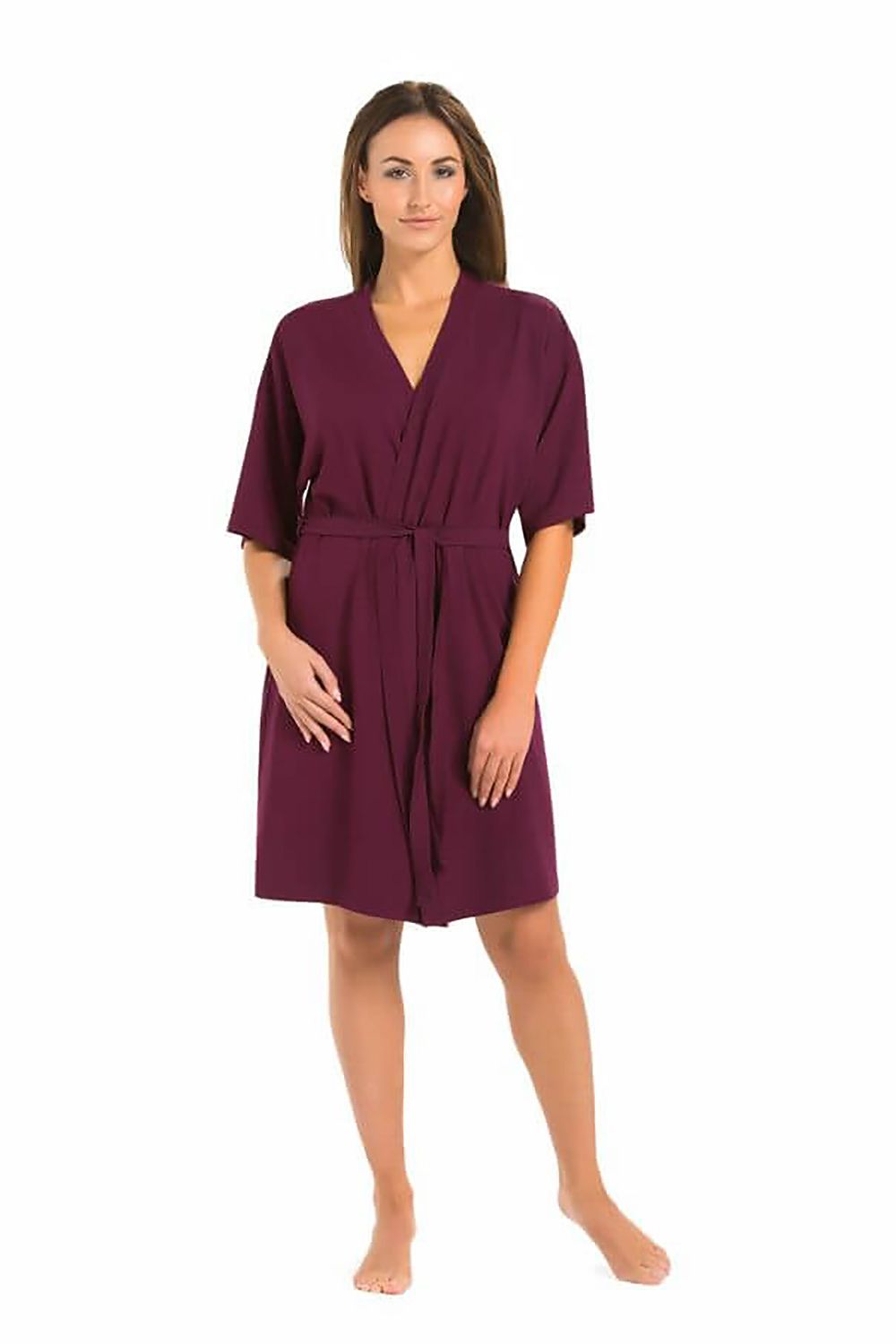Luxury eggplant viscose bathrobe for women by Teyli, featuring classic elbow sleeves and a comfortable fit, perfect for warm summer evenings.