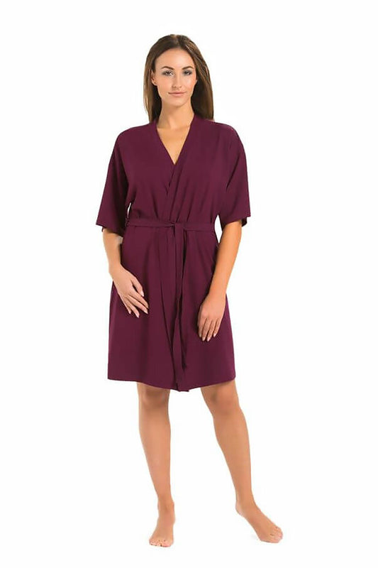 Luxury eggplant viscose bathrobe for women by Teyli, featuring classic elbow sleeves and a comfortable fit, perfect for warm summer evenings.