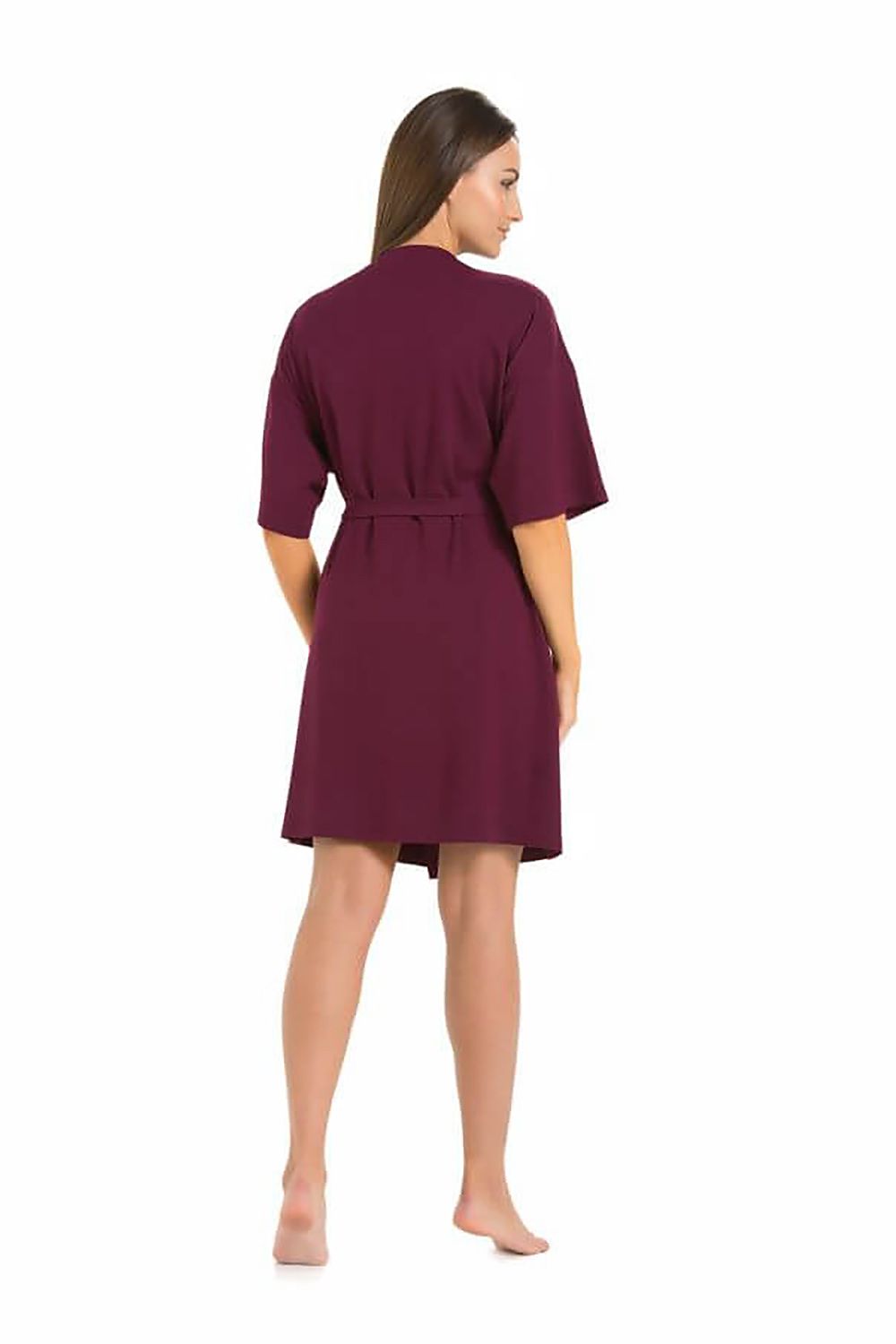 Luxury women's eggplant viscose bathrobe by Teyli, featuring a classic elbow sleeve design and a comfortable fit, ideal for summer evenings.