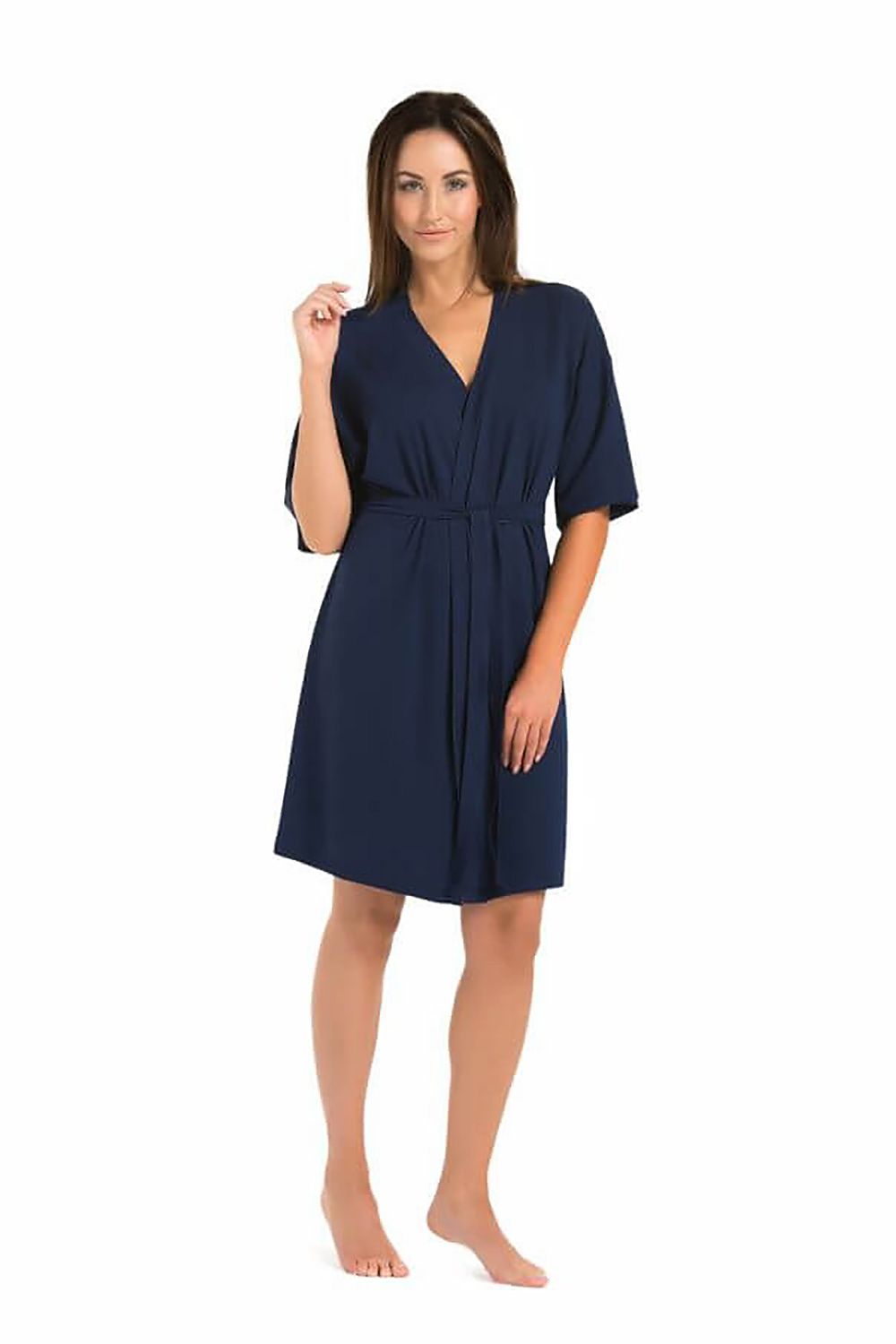 Luxurious navy blue viscose bathrobe for women by Teyli, featuring a classic knee-length design, comfortable fit, and elegant minimalist style.
