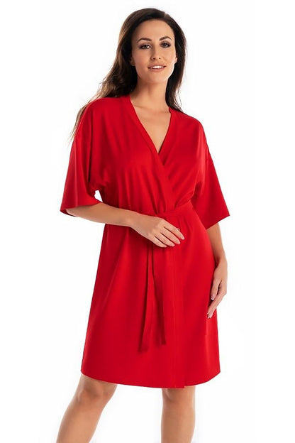 Elegant red women's viscose bathrobe by Teyli, showcasing classic minimalist design with a comfortable fit, perfect for luxurious lounging.
