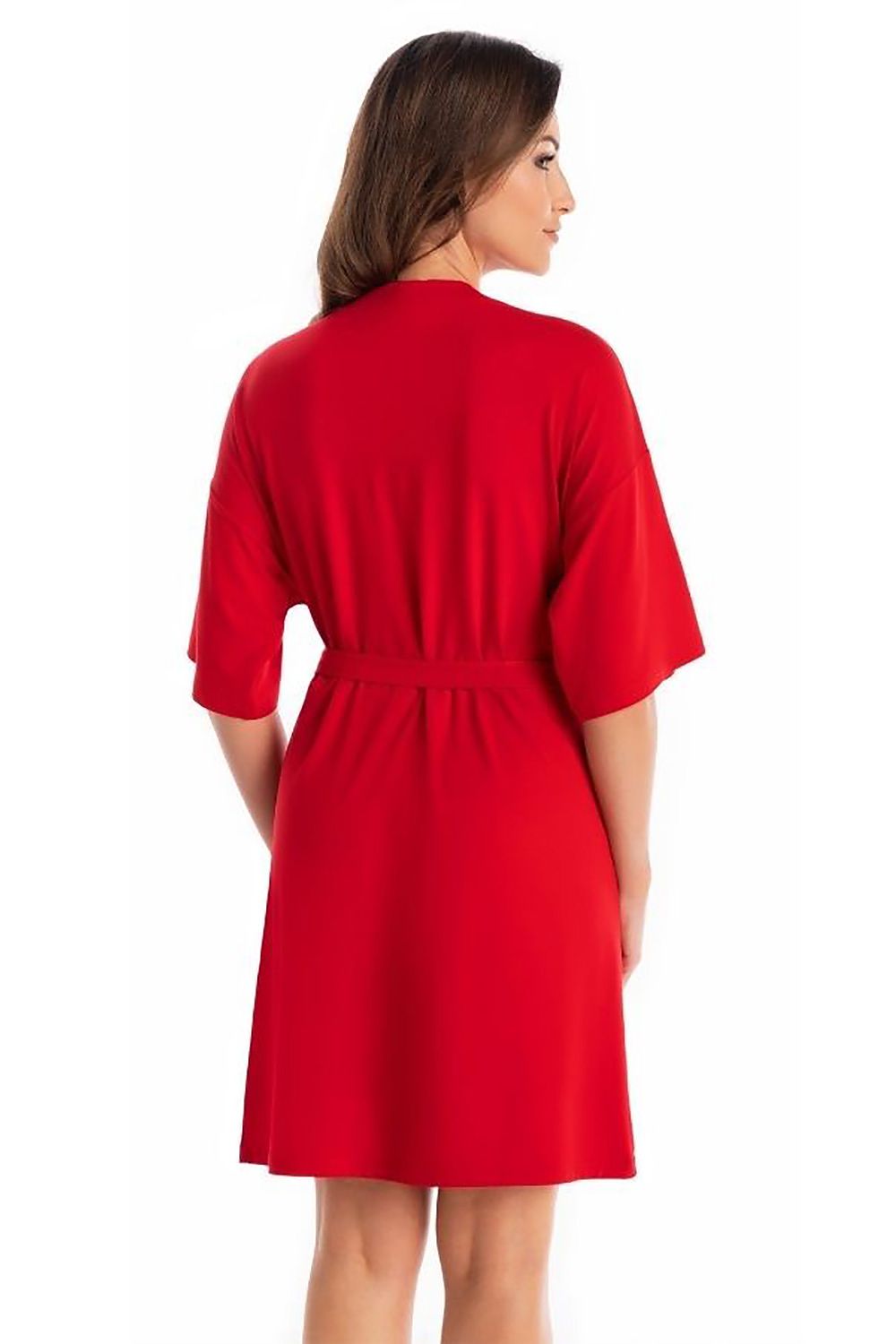 Stylish red viscose bathrobe for women by Teyli, featuring a breathable material and a sophisticated cut, ideal for serene relaxation.