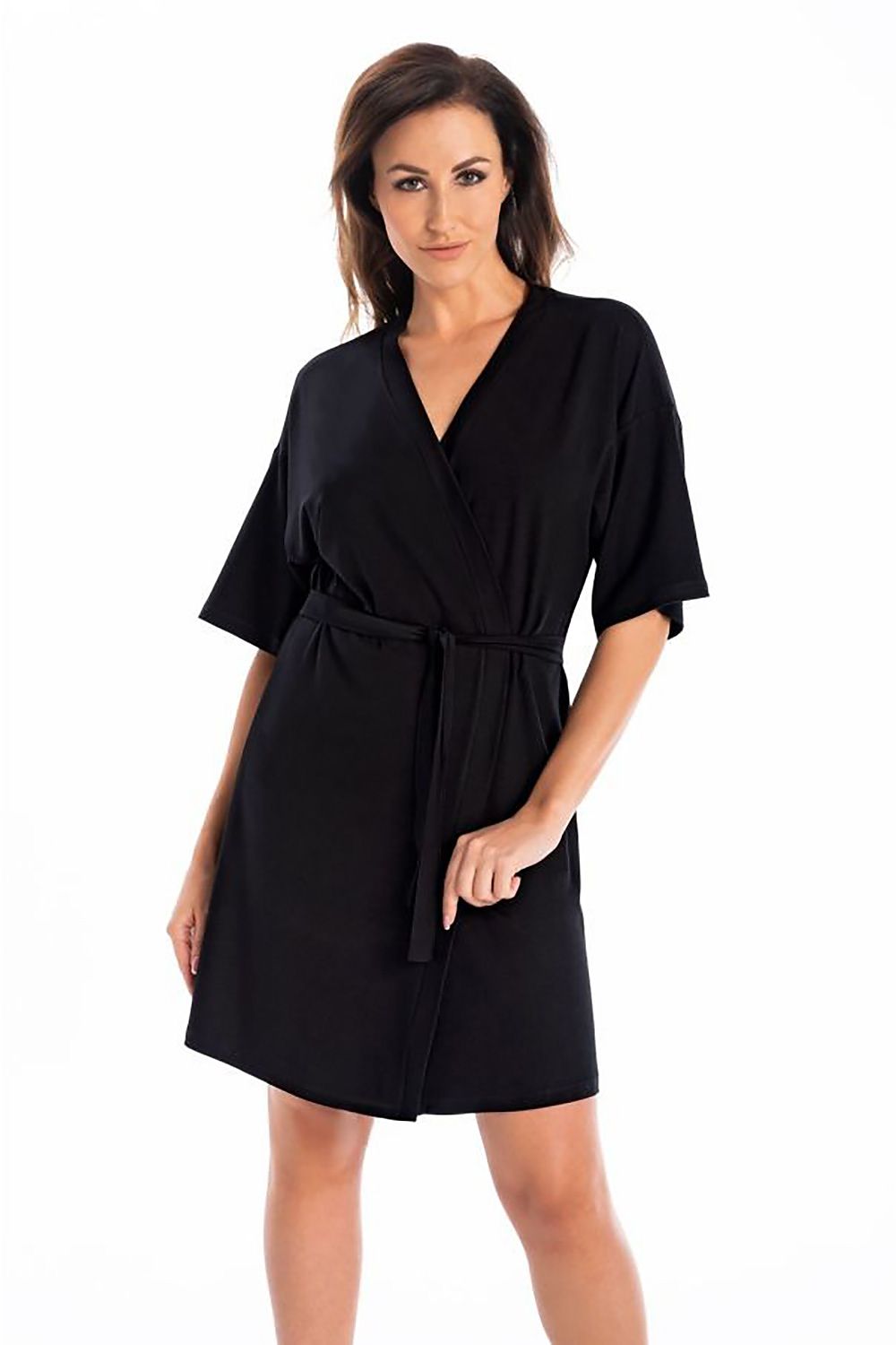 Elegant Women's Black Viscose Bathrobe by Teyli, featuring a comfortable over-the-knee design and a wide waist belt, perfect for summer mornings.