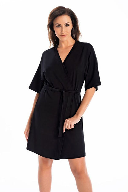 Elegant Women's Black Viscose Bathrobe by Teyli, featuring a comfortable over-the-knee design and a wide waist belt, perfect for summer mornings.