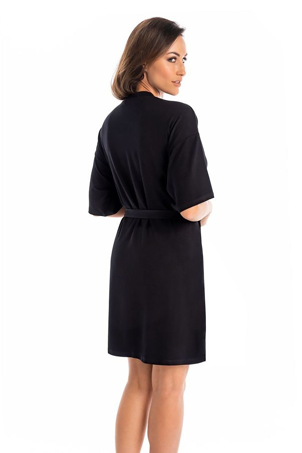 Luxury Women's Black Viscose Bathrobe from Teyli, showcasing a classic cut that embraces simplicity and comfort, ideal for relaxing at home.