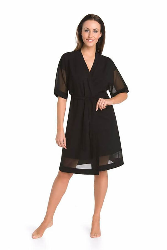 Luxurious women's black viscose bathrobe by Teyli featuring elegant 3/4 sleeves and exquisite transparent mesh trim for a sophisticated look.