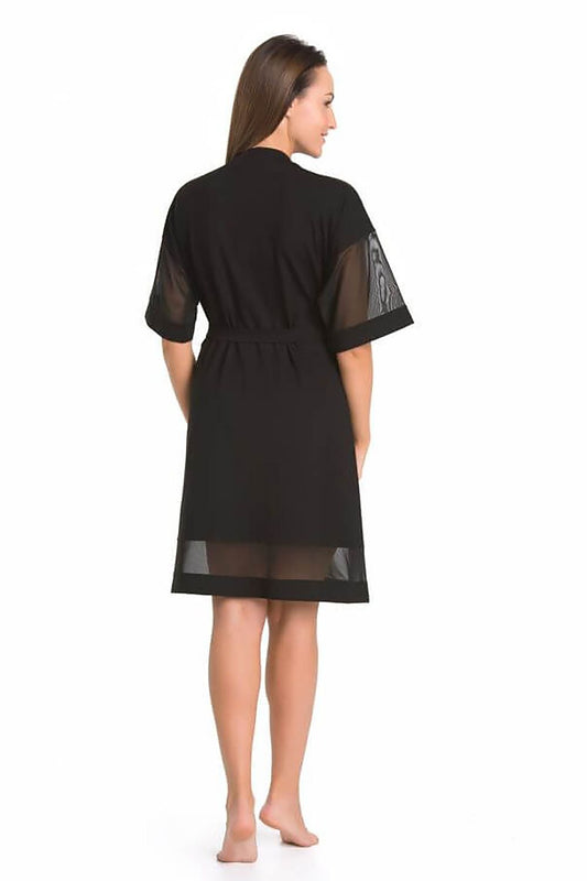 Teyli's stylish black viscose bathrobe designed for women, adorned with transparent mesh details and a comfortable knee-length cut, perfect for elegant summer mornings.