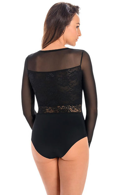Exquisite black lace bodysuit by Teyli designed with delicate floral patterns and long fitted sleeves, perfect for a sophisticated look.