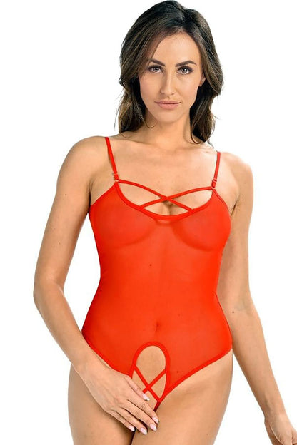 Luxurious seductive deep red transparent mesh bodysuit by Teyli, featuring adjustable straps, open crotch design, and decorative details, perfect for enhancing feminine curves and providing exceptional comfort.
