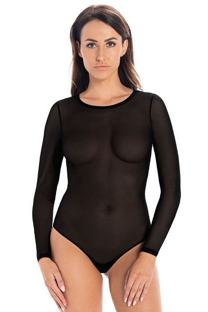 Elegant luxury black mesh shapewear bodysuit by Teyli, featuring a thong back and long fitted sleeves, designed to enhance the female silhouette with a delicate and slightly see-through mesh fabric.