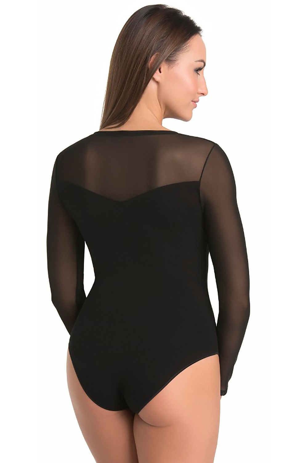 Elegant Teyli women's bodysuit in black with transparent mesh detail, designed to accentuate the silhouette, offering comfort and style for modern women.