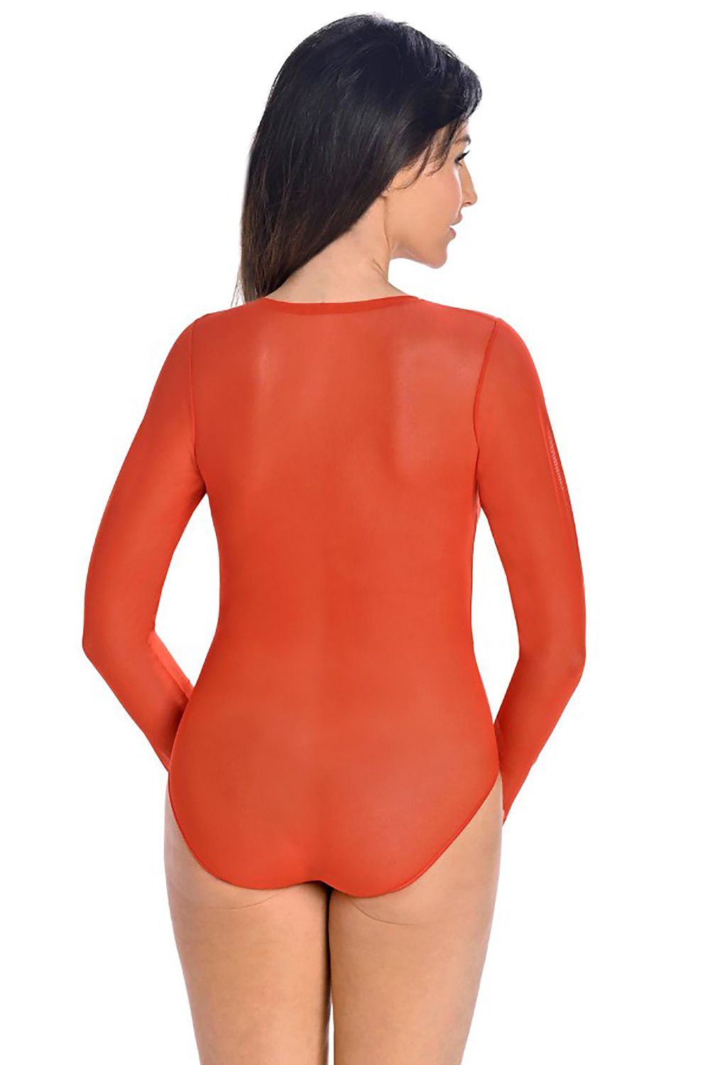 Elegant view of Teyli's red mesh bodysuit, showcasing the finely constructed neckline and soft moisture-absorbing lining.