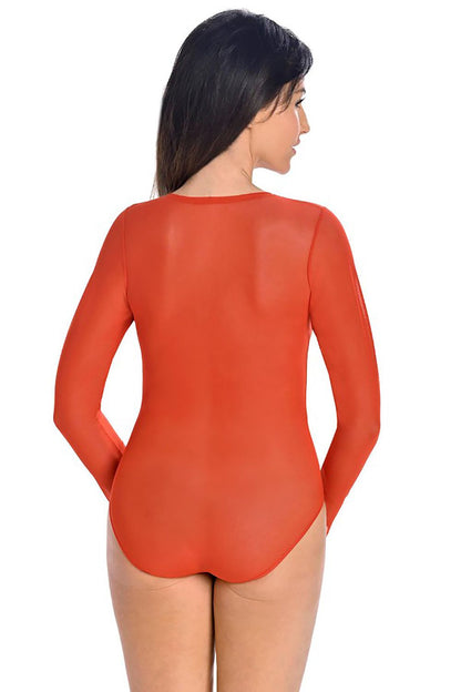 Elegant view of Teyli's red mesh bodysuit, showcasing the finely constructed neckline and soft moisture-absorbing lining.