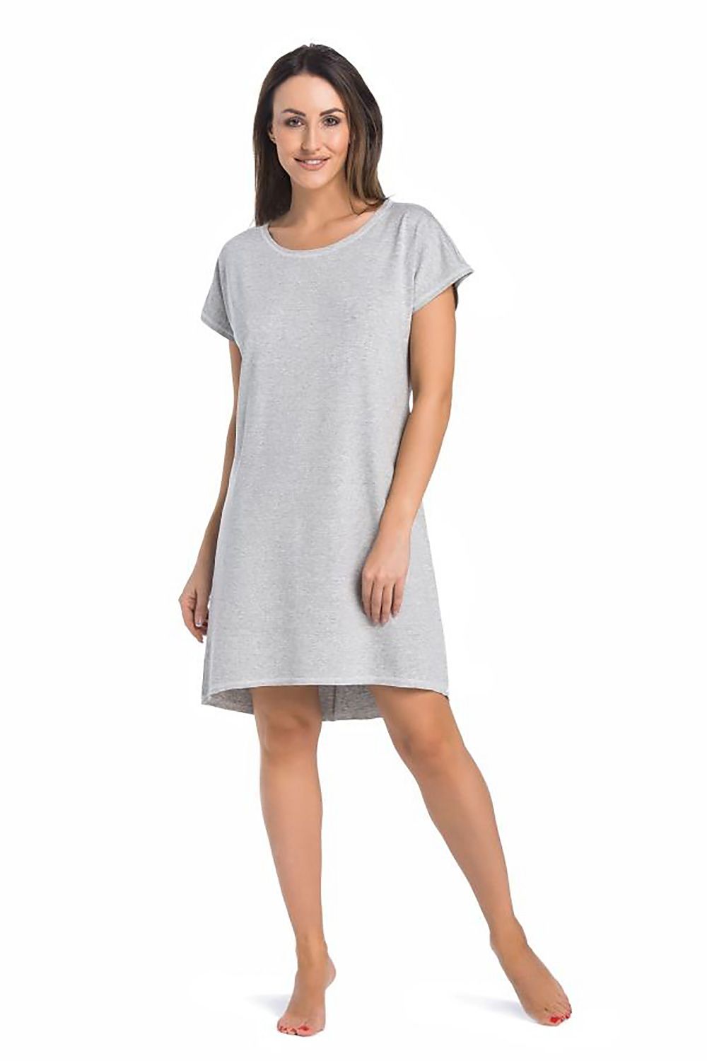 Elegant Teyli Luxury Grey Nightshirt made of soft viscose, knee-length design for classic comfort, showcasing a semi-circular neckline and short raglan sleeves.
