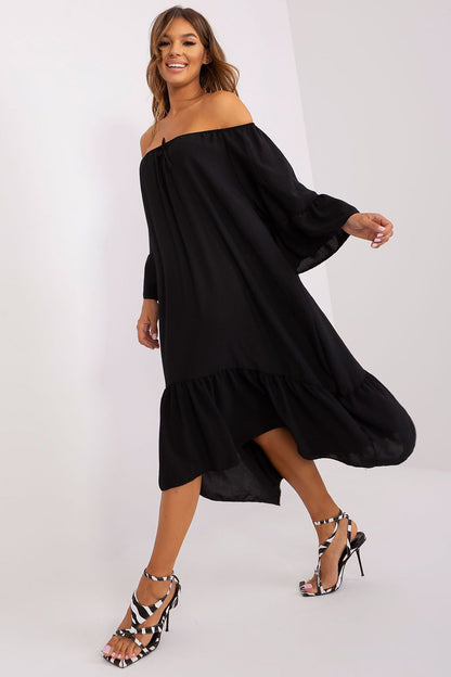 Elegant 3/4 sleeve loose fit summer dress with frill detail, made from high-quality polyester by Italy Moda, perfect for summer occasions.