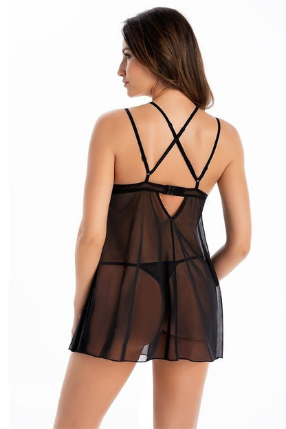 Alluring black mesh chemise by Teyli featuring exquisite floral lace details and adjustable straps, tailored for luxurious seduction and comfort.
