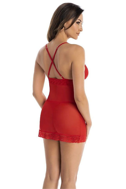 Elegant red lace chemise by Teyli displayed on a model, showcasing comfort and a seductive silhouette with delicate mesh detailing.