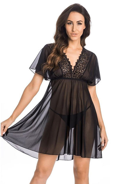Elegant black mesh chemise with lace trim and flared butterfly sleeves by Teyli, perfect for a seductive evening, showcasing exquisite craftsmanship and flattering silhouette.