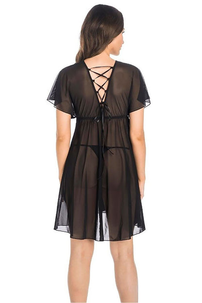 Luxurious black mesh chemise by Teyli featuring delicate lace accents and fluttering butterfly sleeves, ideal for enhancing femininity and allure.
