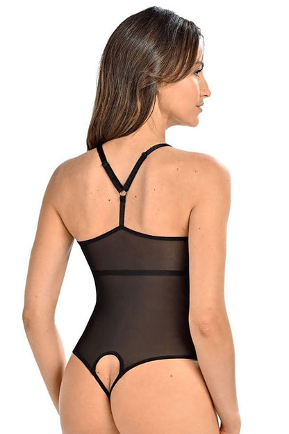 Sophisticated Teyli Women's Open Crotch Black Bodysuit with delicate mesh and adjustable straps, perfect for enhancing feminine allure.