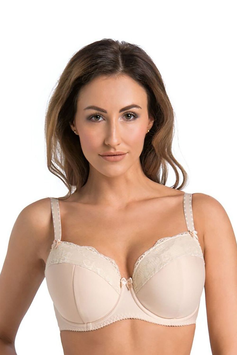 Luxury beige padded bra with lace detailing by Teyli, featuring reinforced support and soft cotton lining for maximum comfort.