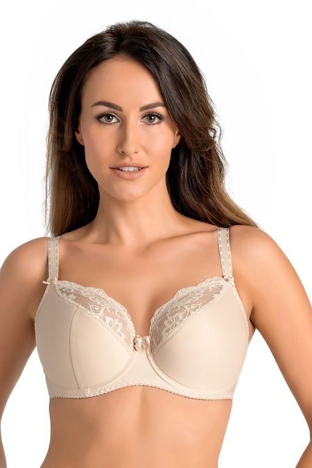 Elegant beige Estel semi-padded bra featuring intricate floral lace detail, designed for comfort and support by Teyli.