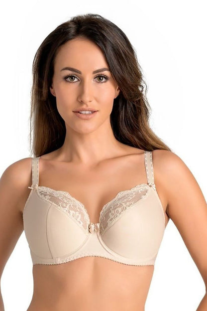 Elegant beige Estel semi-padded bra featuring intricate floral lace detail, designed for comfort and support by Teyli.