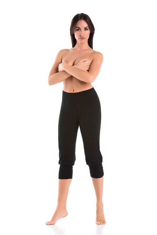 Teyli Women's Black 3/4 Leggings in cotton and Lycra blend, showcasing a luxurious and breathable design perfect for active wear.