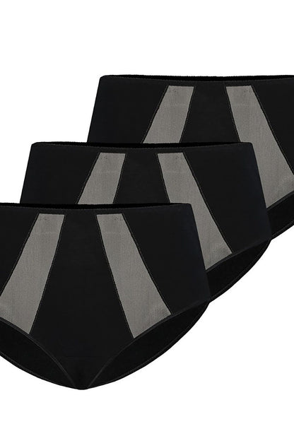 Luxury high-waisted black cotton panties tri-pack by Teyli featuring delicate mesh detail, perfect for enhancing comfort and elegance.