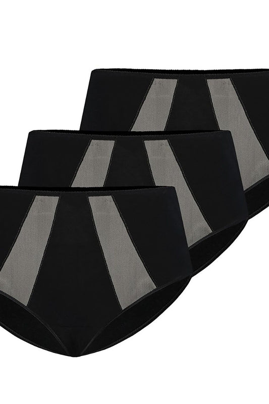Luxury high-waisted black cotton panties tri-pack by Teyli featuring delicate mesh detail, perfect for enhancing comfort and elegance.