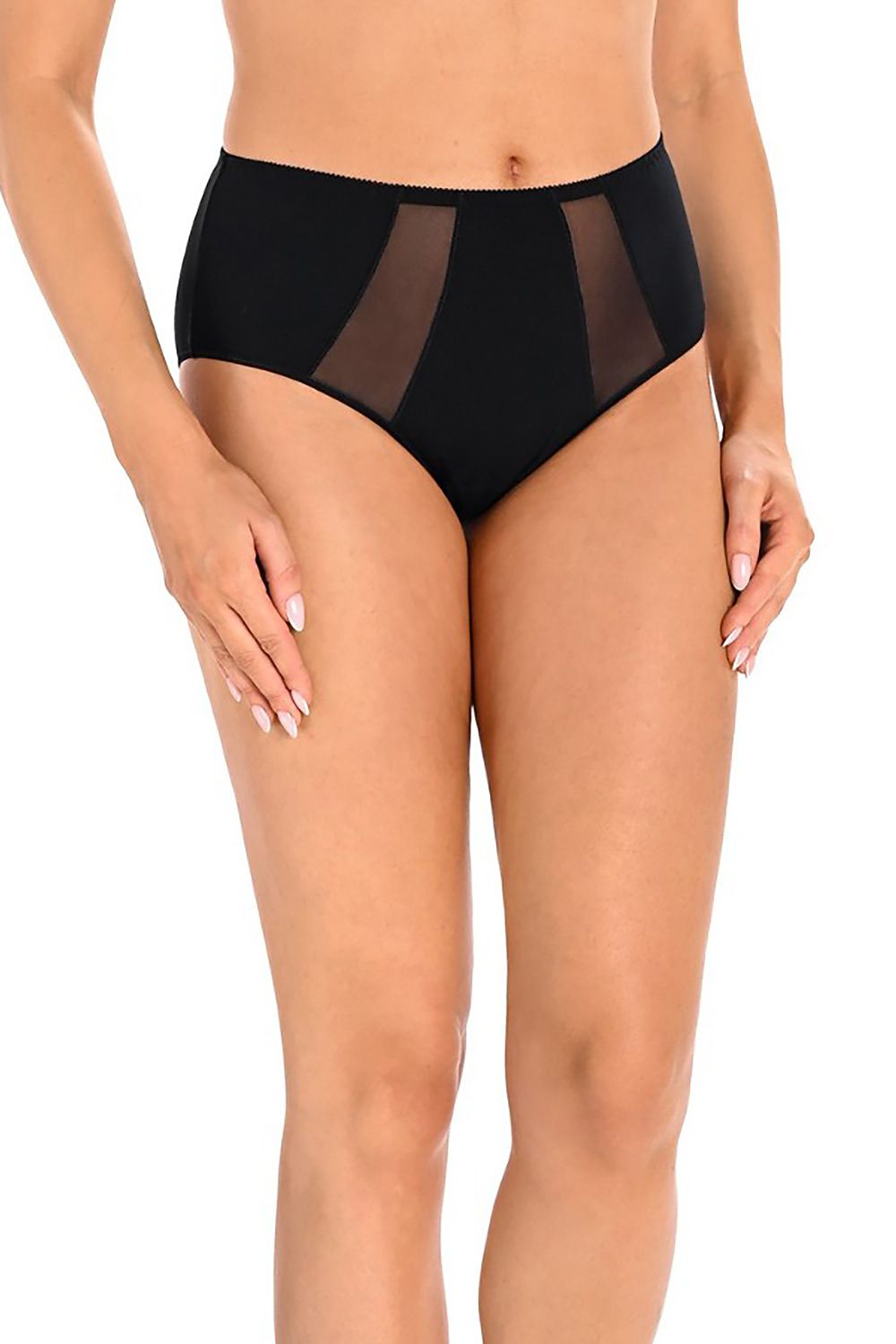 Elegant high-waisted black cotton panties by Teyli displayed in a tri-pack, highlighting the flattering fit and delicate mesh accents.