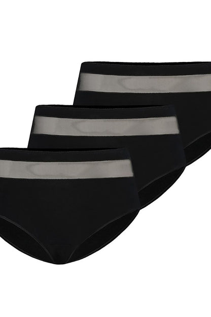 Elegant Teyli high-waisted women's cotton panties set of 3 in sophisticated black with luxurious mesh detail, perfect for every occasion.