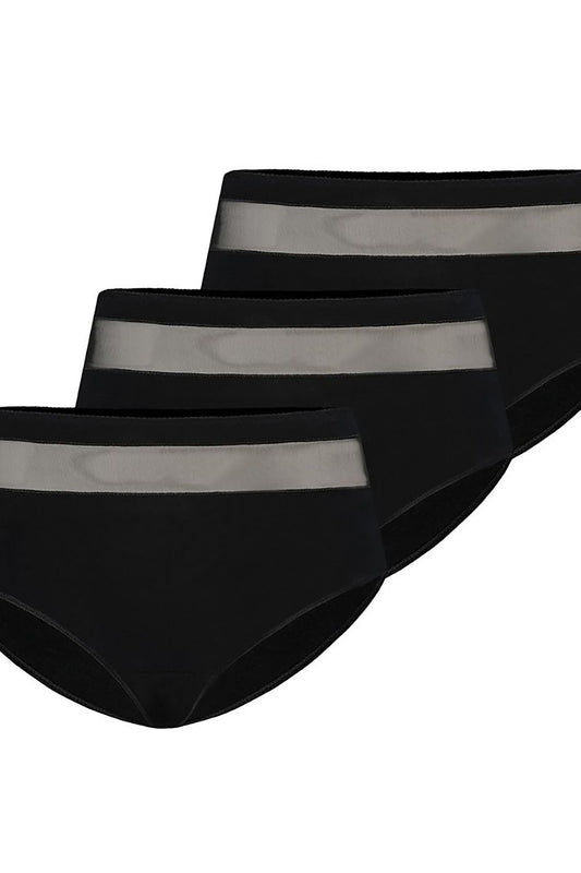 Elegant Teyli high-waisted women's cotton panties set of 3 in sophisticated black with luxurious mesh detail, perfect for every occasion.