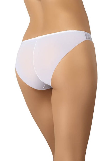 Close-up of Teyli White Mesh Panties showcasing the soft double-lined mesh fabric and intricate lace trim, perfect for discreet wear under fitted clothing.