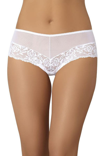 Elegant women's lace shorts by Teyli, crafted from delicate white mesh with soft cotton lining and an elastic waistband for a luxurious fit.
